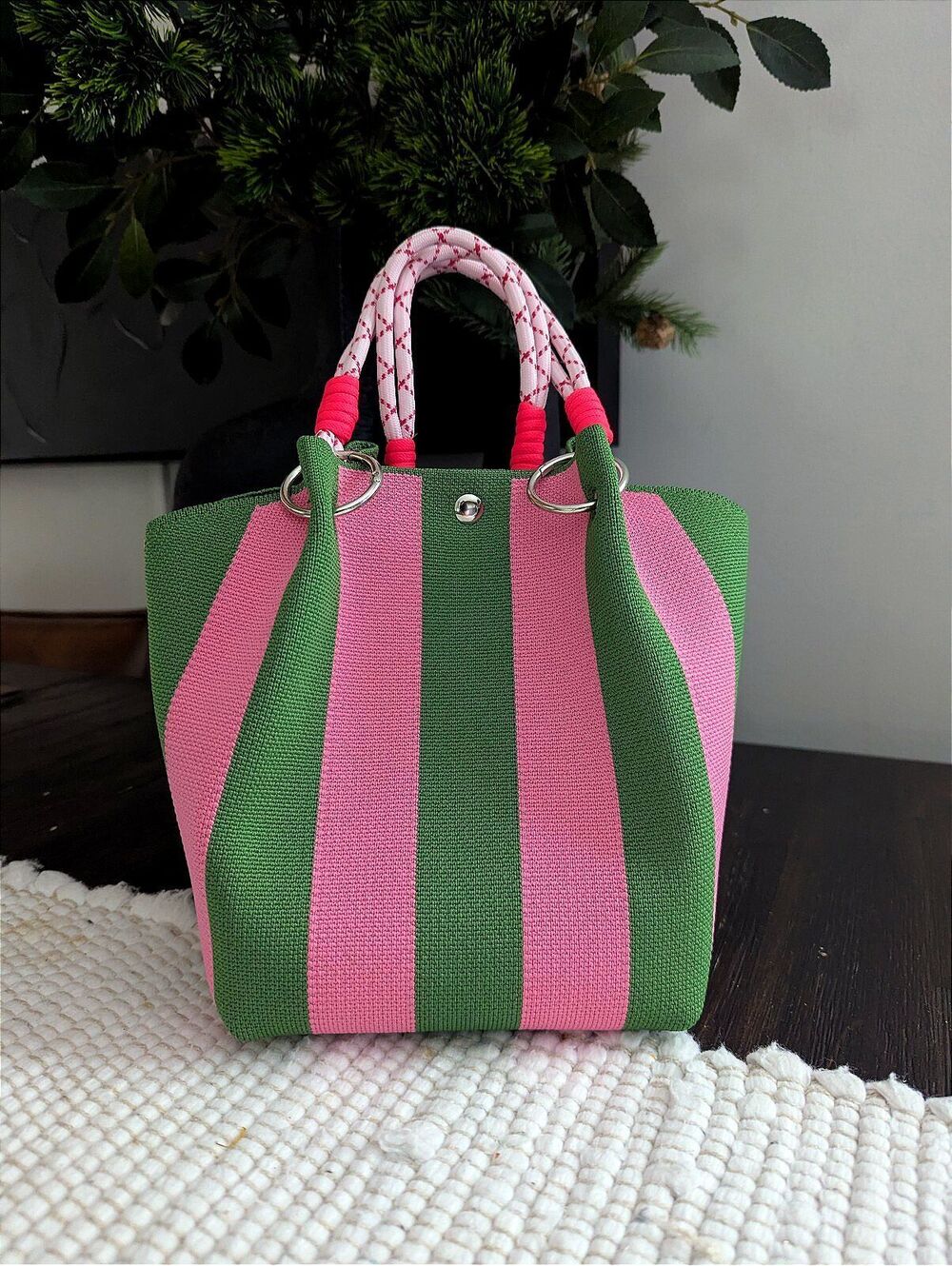 Knit Style Retro Bucket Handbag Striped Pink Green Button Closure Purse Fashion